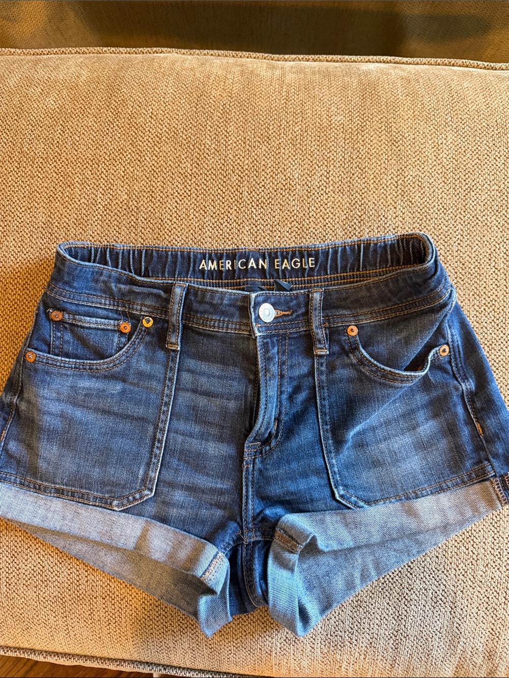 American Eagle Outfitters Dark Blue Cargo Pocket Rolled-Hem Denim Shorts
